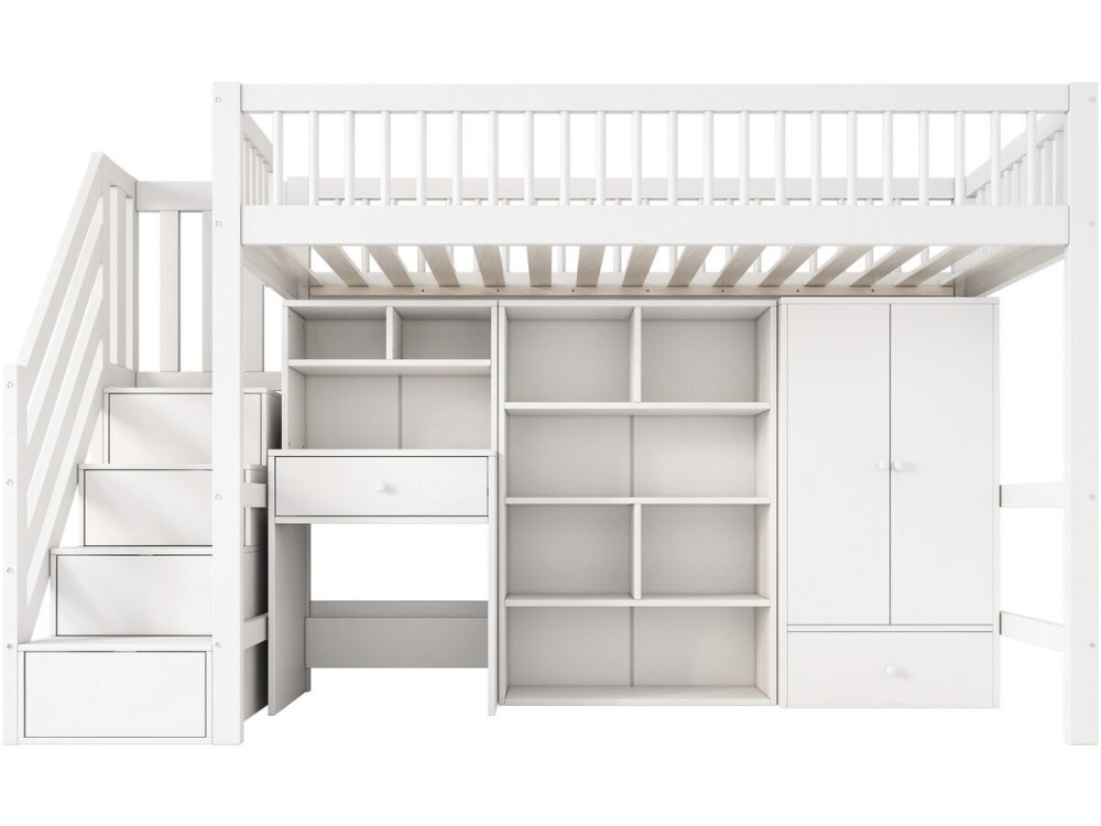 Houten hoogslaper met inbouwkleerkast en bureau „Amélia“ - 90 x 190 cm - Wit
