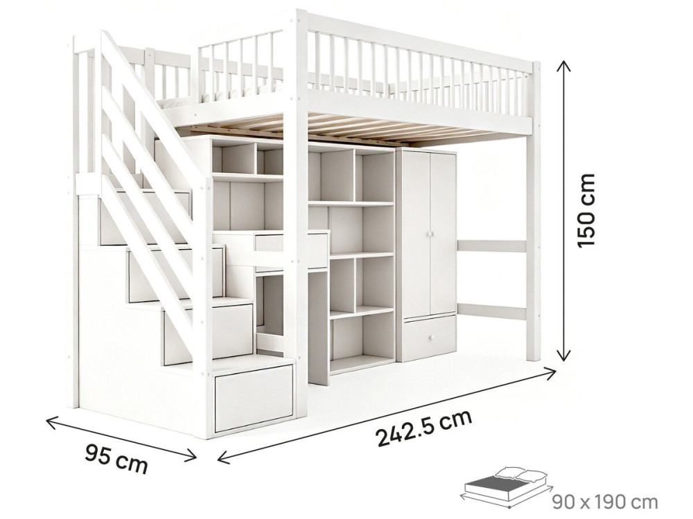Houten hoogslaper met inbouwkleerkast en bureau „Amélia“ - 90 x 190 cm - Wit