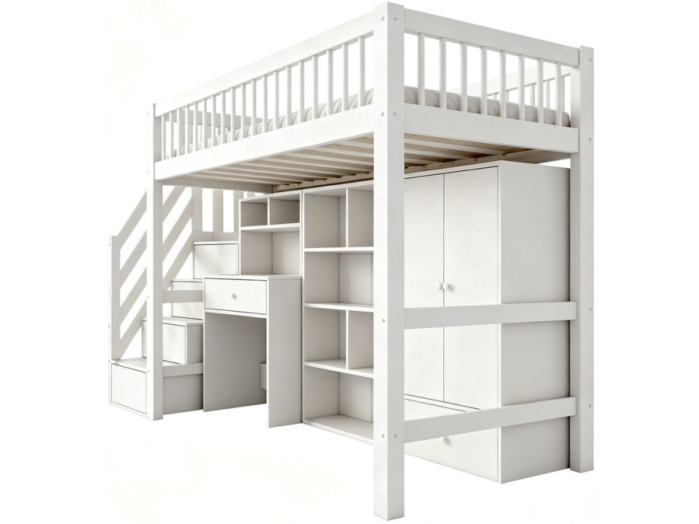 Houten hoogslaper met inbouwkleerkast en bureau „Amélia“ - 90 x 190 cm - Wit