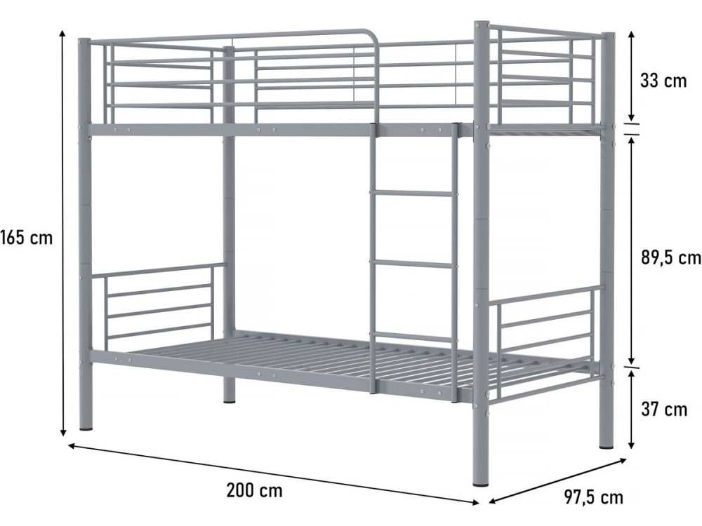 Stapelbed twee eenpersoonsbedden metaal "ADAM" inclusief lattenbodem -  90 x 190 cm - Metaal - Grijs