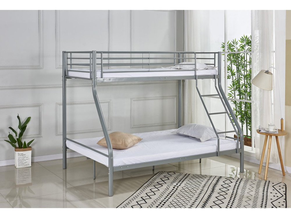 Stapelbed tweepersoonsbed en eenpersoonsbed metaal "Leo" inclusief lattenbodem - 90/140 x 190 cm - Grijs
