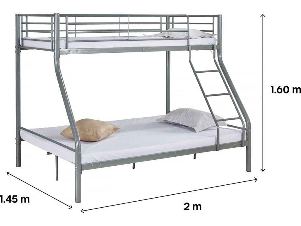 Stapelbed tweepersoonsbed en eenpersoonsbed metaal "Leo" inclusief lattenbodem - 90/140 x 190 cm - Grijs