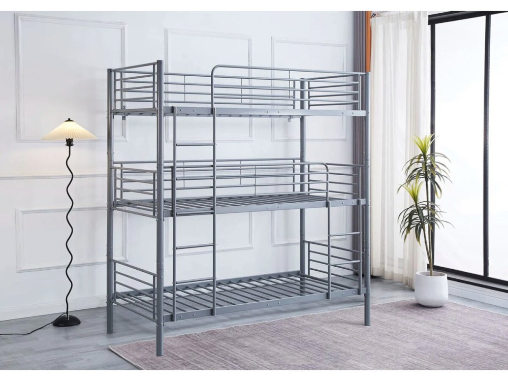 Stapelbed metaal 3 eenpersoonsbedden "HAVIN" - 90 x 190 cm - Grijs