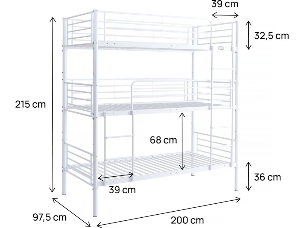 Stapelbed metaal 3 eenpersoonsbedden "Havin" - 90 x 190 cm - Wit