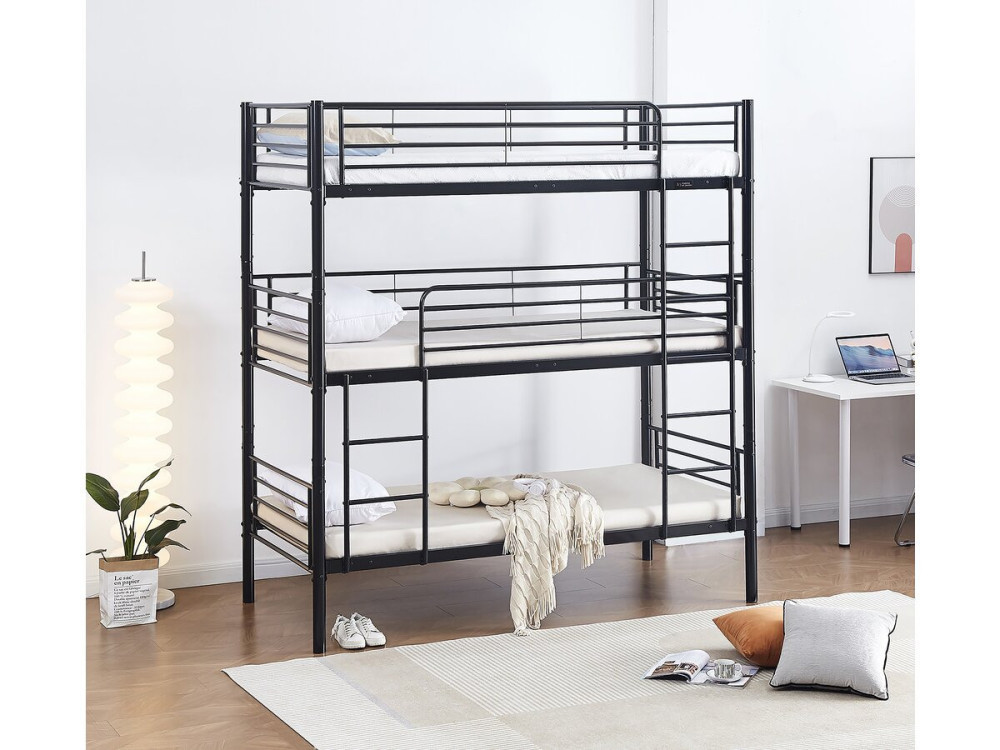 Stapelbed metaal 3 eenpersoonsbedden "HAVIN" - 90 x 190 cm - Zwart