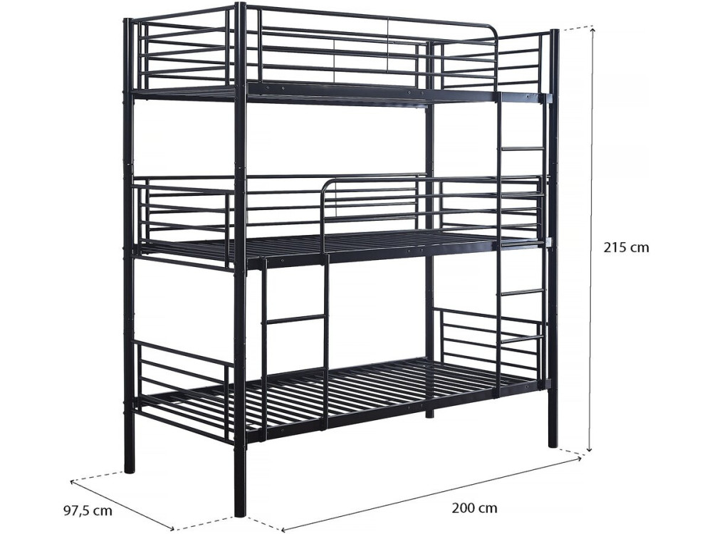 Stapelbed metaal 3 eenpersoonsbedden "HAVIN" - 90 x 190 cm - Zwart