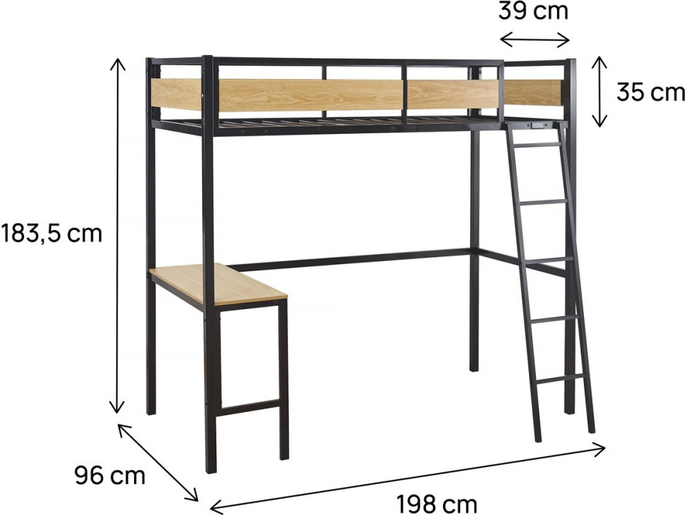 Eenpersoonsbed hoogslaper met bureau "Ethan" - 90 x 190 cm - Zwart