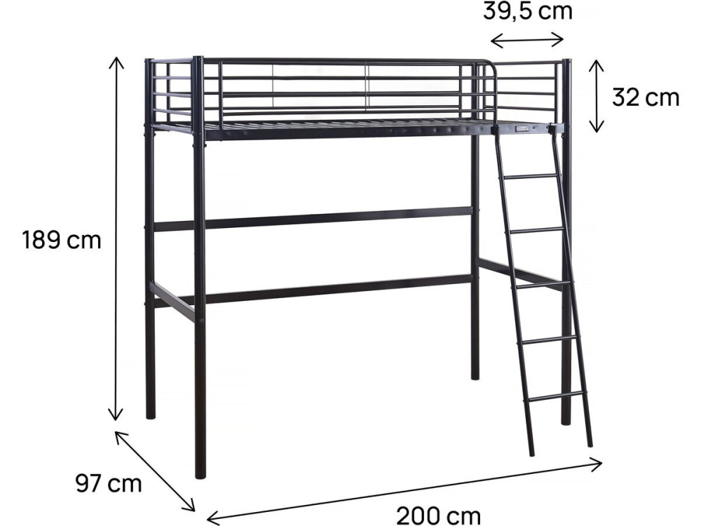 Eenpersoonsbed hoogslaper metaal bed "Alora" - 90 x 190 cm - Zwart