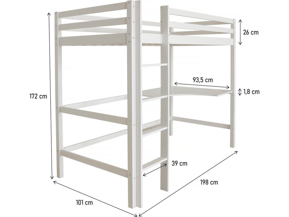 Mezzanine-kinderbed "Angéla" met bureau 90 x 190 cm - Wit