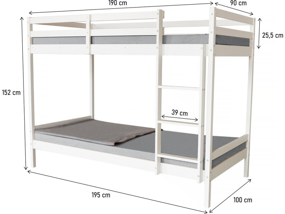 Stapelbed hout kinderbed bed 90 x 190 cm "Lionel"  - Wit
