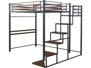 Metalen hoogslaper met trap "LENA" - 140 x 200 cm - Zwart en walnootbruin