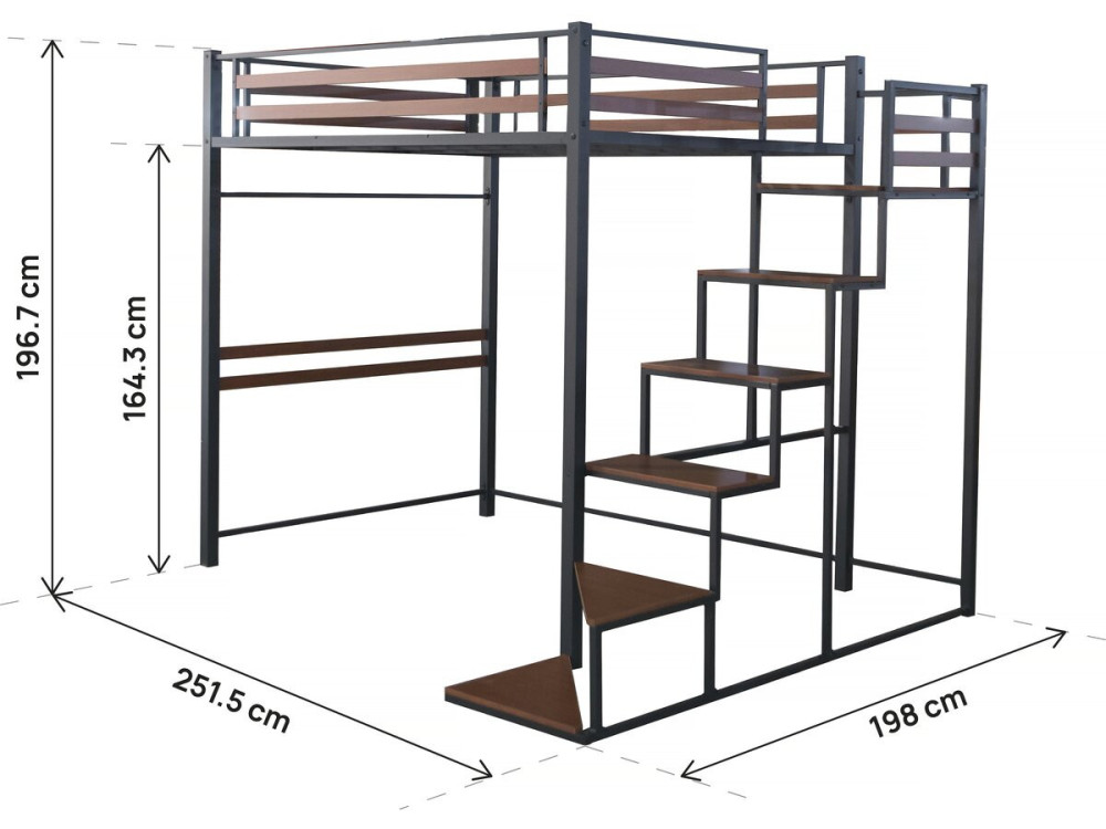 Metalen hoogslaper met trap "LENA" - 140 x 200 cm - Zwart en walnootbruin