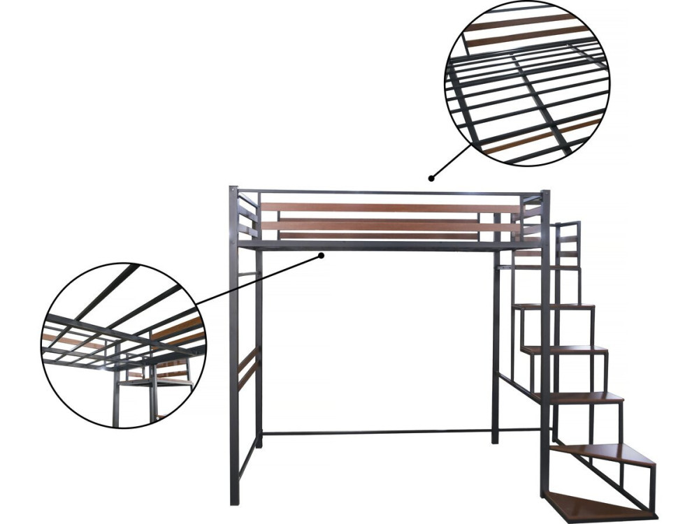 Metalen hoogslaper met trap "LENA" - 140 x 200 cm - Zwart en walnootbruin