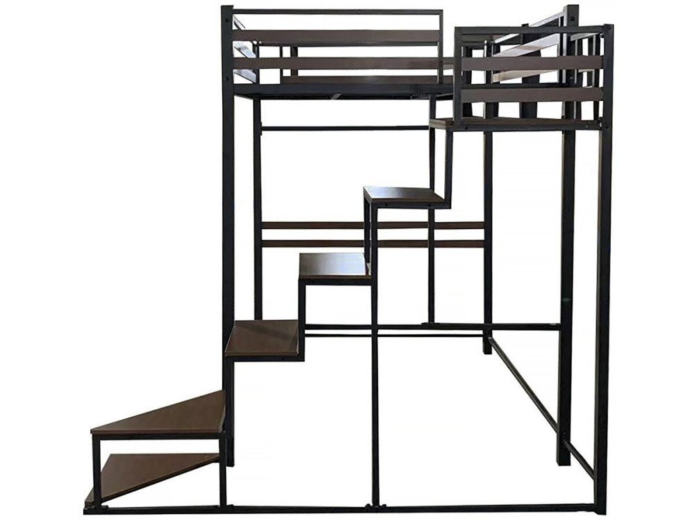 Metalen hoogslaper met trap "LENA" - 140 x 200 cm - Zwart en walnootbruin