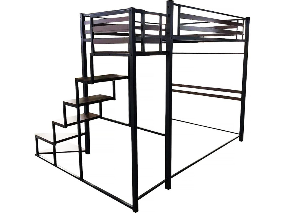 Metalen hoogslaper met trap "LENA" - 140 x 200 cm - Zwart en walnootbruin