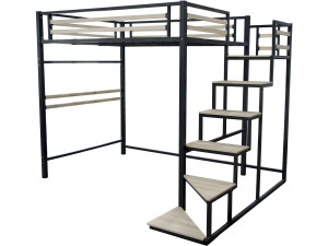 Bed hoogslaper met trap van metaal "LENA" - 140 x 200 cm - Zwart