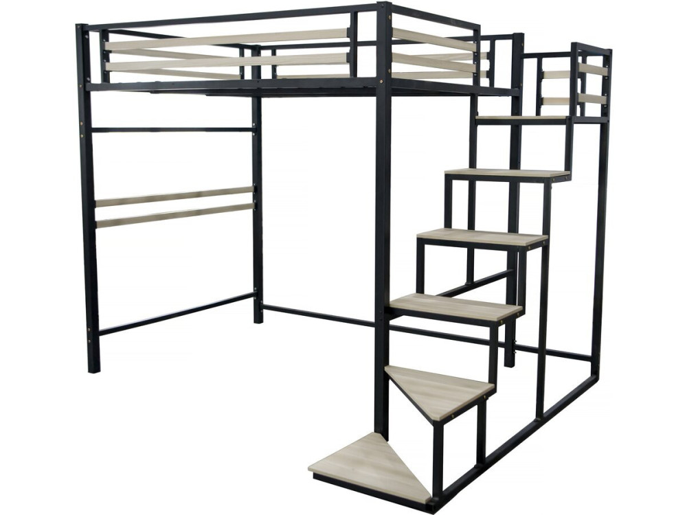 Bed hoogslaper met trap van metaal "LENA" - 140 x 200 cm - Zwart