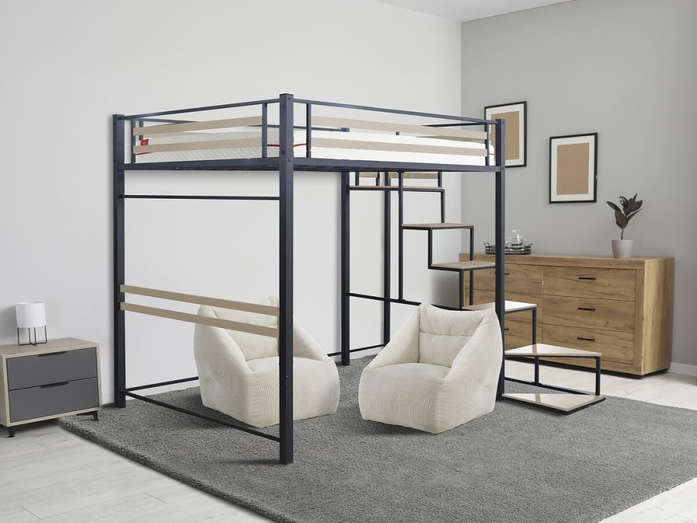 Bed hoogslaper met trap van metaal "LENA" - 140 x 200 cm - Zwart