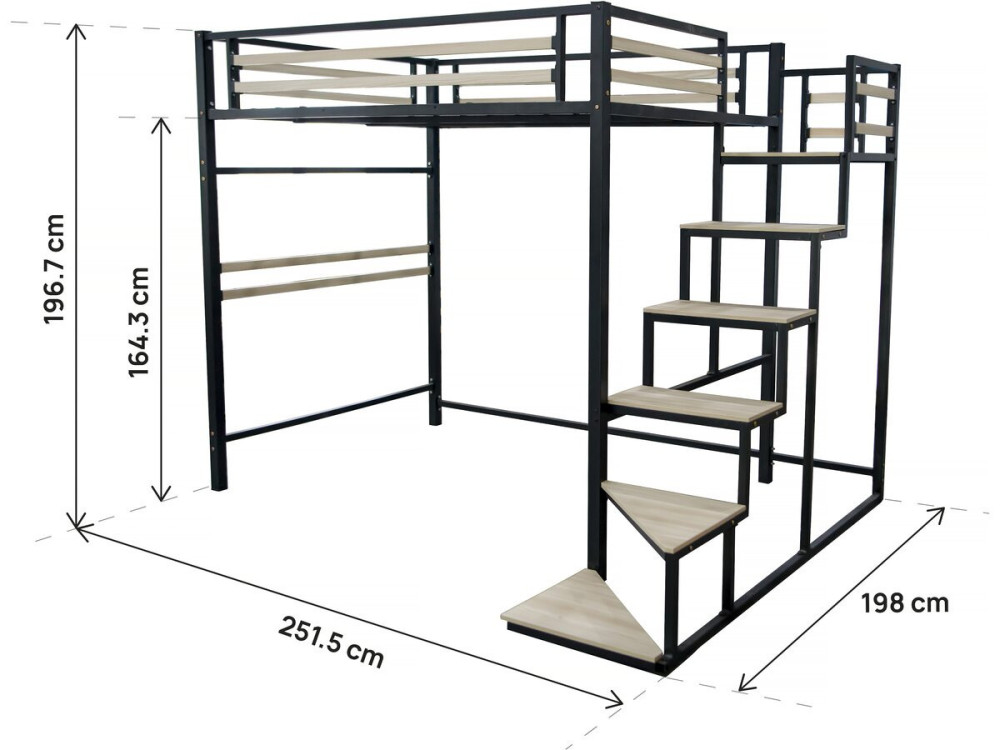 Bed hoogslaper met trap van metaal "LENA" - 140 x 200 cm - Zwart