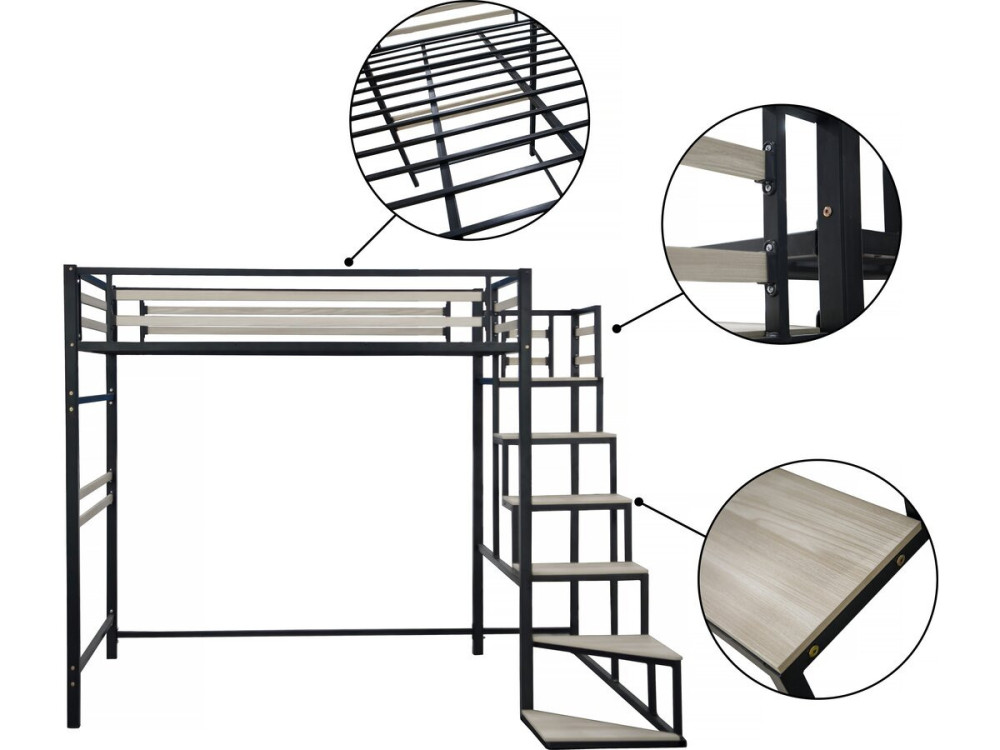 Bed hoogslaper met trap van metaal "LENA" - 140 x 200 cm - Zwart