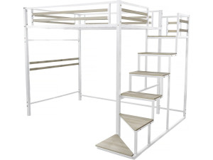 Metalen hoogslaper met trap "LENA" - 140 x 200 cm - Wit