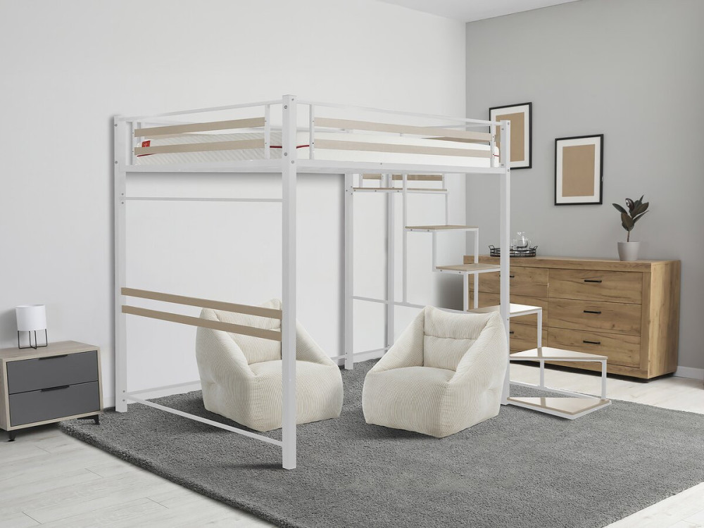 Metalen hoogslaper met trap "LENA" - 140 x 200 cm - Wit