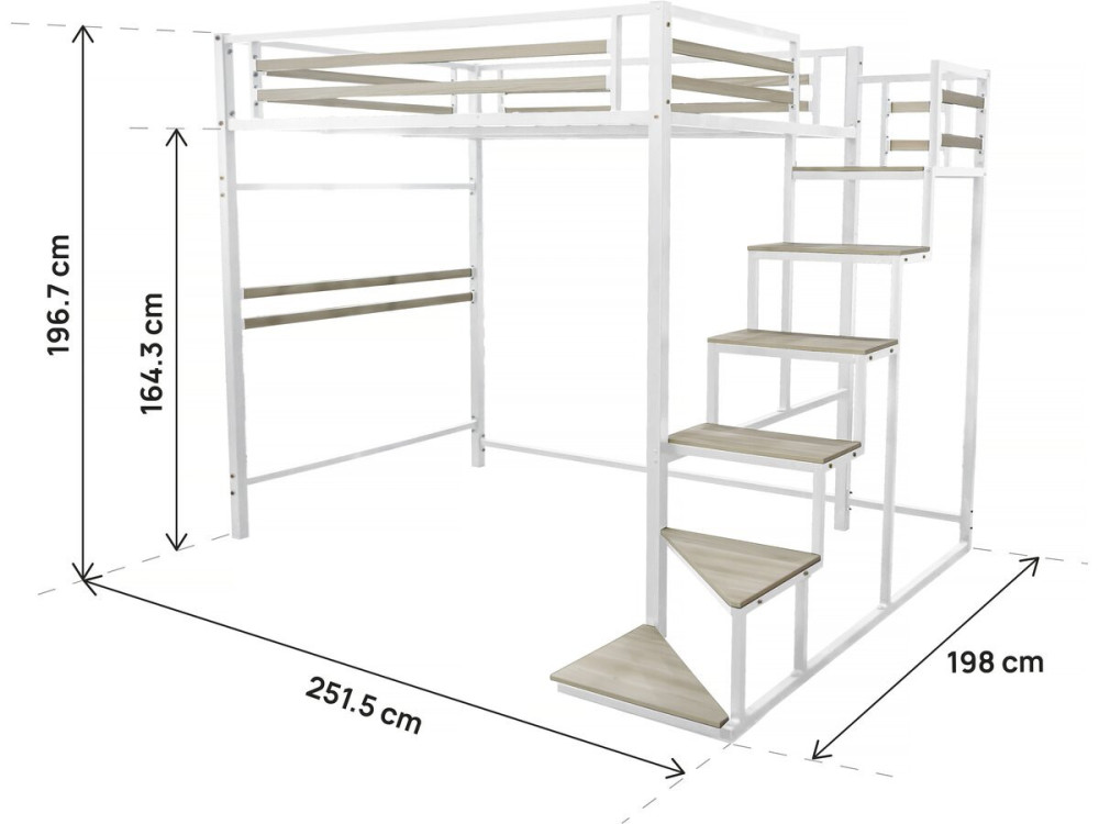 Metalen hoogslaper met trap "LENA" - 140 x 200 cm - Wit