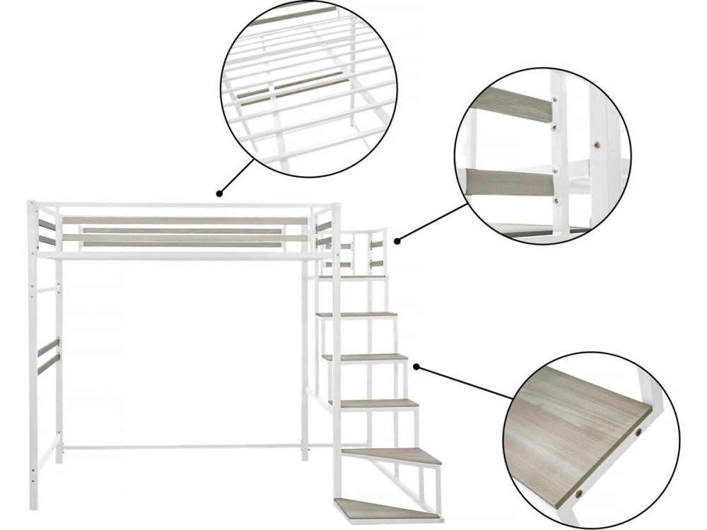 Metalen hoogslaper met trap "LENA" - 140 x 200 cm - Wit