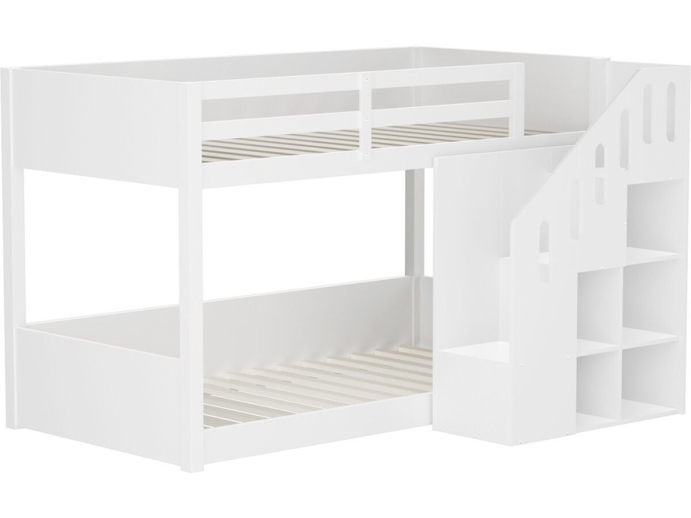 Houten stapelbed met trap en opbergruimte "Léana" - 90 x 190 cm - Wit