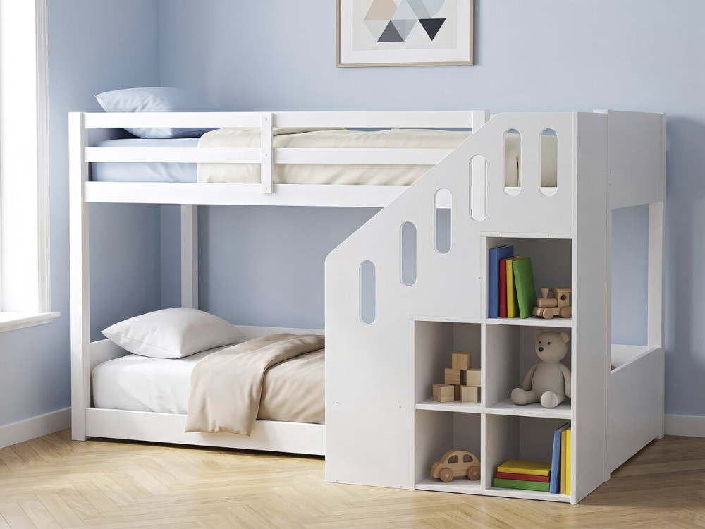Houten stapelbed met trap en opbergruimte "Léana" - 90 x 190 cm - Wit