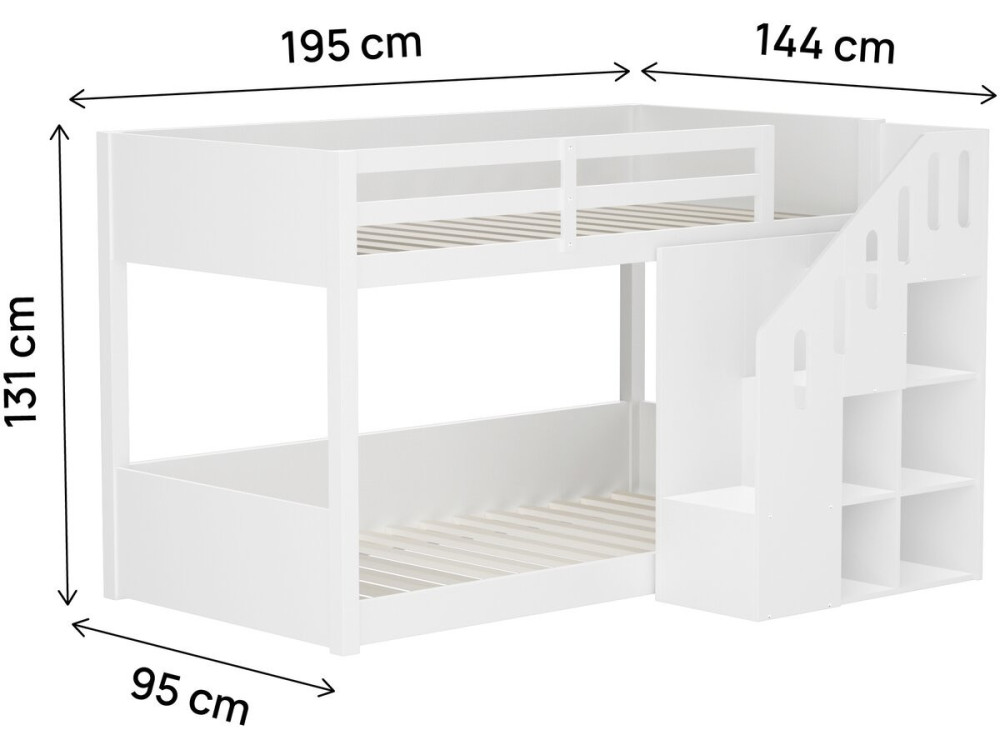 Houten stapelbed met trap en opbergruimte "Léana" - 90 x 190 cm - Wit