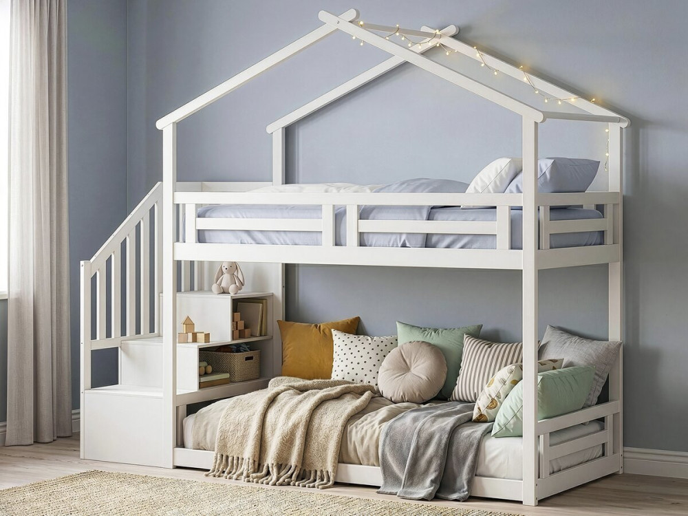 Stapelbed in boomhutstijl met houten trap „Oriana“ - 90 x 190 cm - Beige