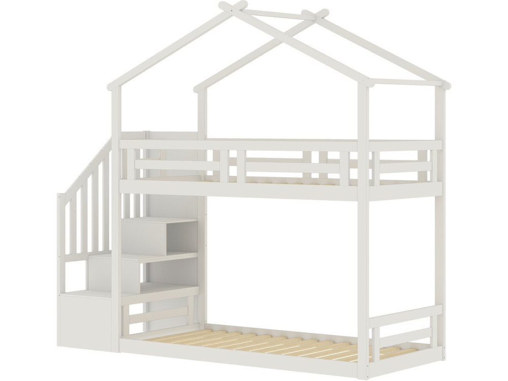 Stapelbed in boomhutstijl met houten trap „Oriana“ - 90 x 190 cm - Beige