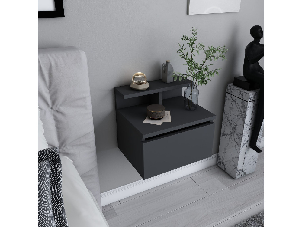 Alice" houten nachtkastje voor aan de muur - 40 x 32 x 35 cm - Antraciet grijs