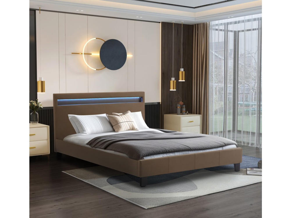 Tweepersoonsbed bed met led verlichting "Maria" - 140 x 190 cm - Taupe - grijs bruin