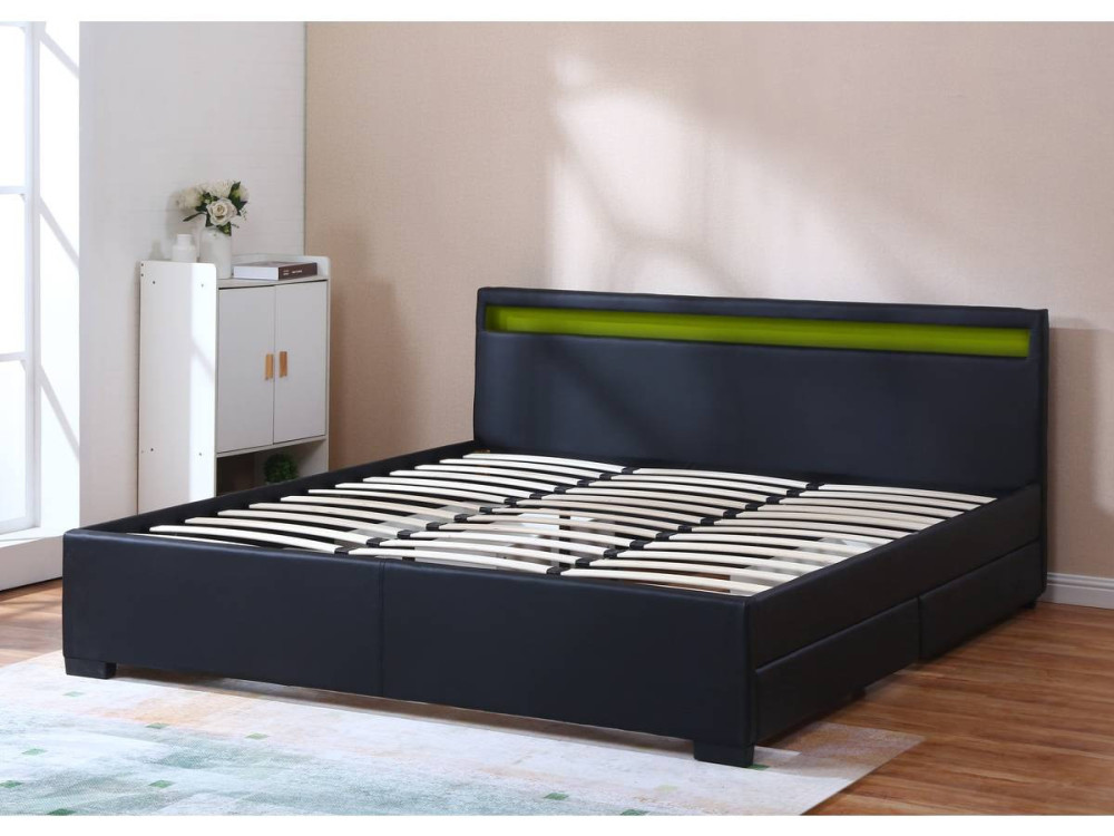 Tweepersoonsbed met LED en 4 laden "Nico" - 180 x 200 cm - Zwart