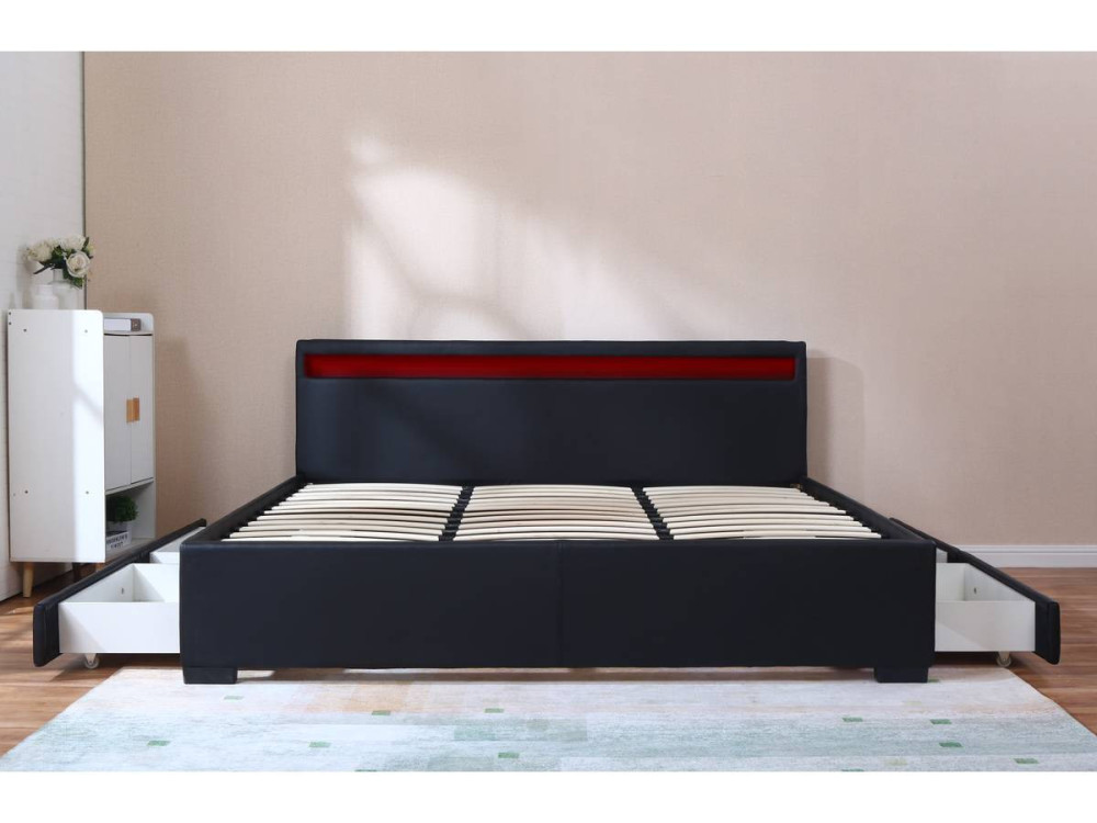 Tweepersoonsbed met LED en 4 laden "Nico" - 180 x 200 cm - Zwart