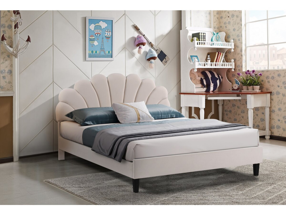 Tweepersoonsbed velours fluweel schelp design "Manon" - Beige - lichtbruin - 140 x 190 cm