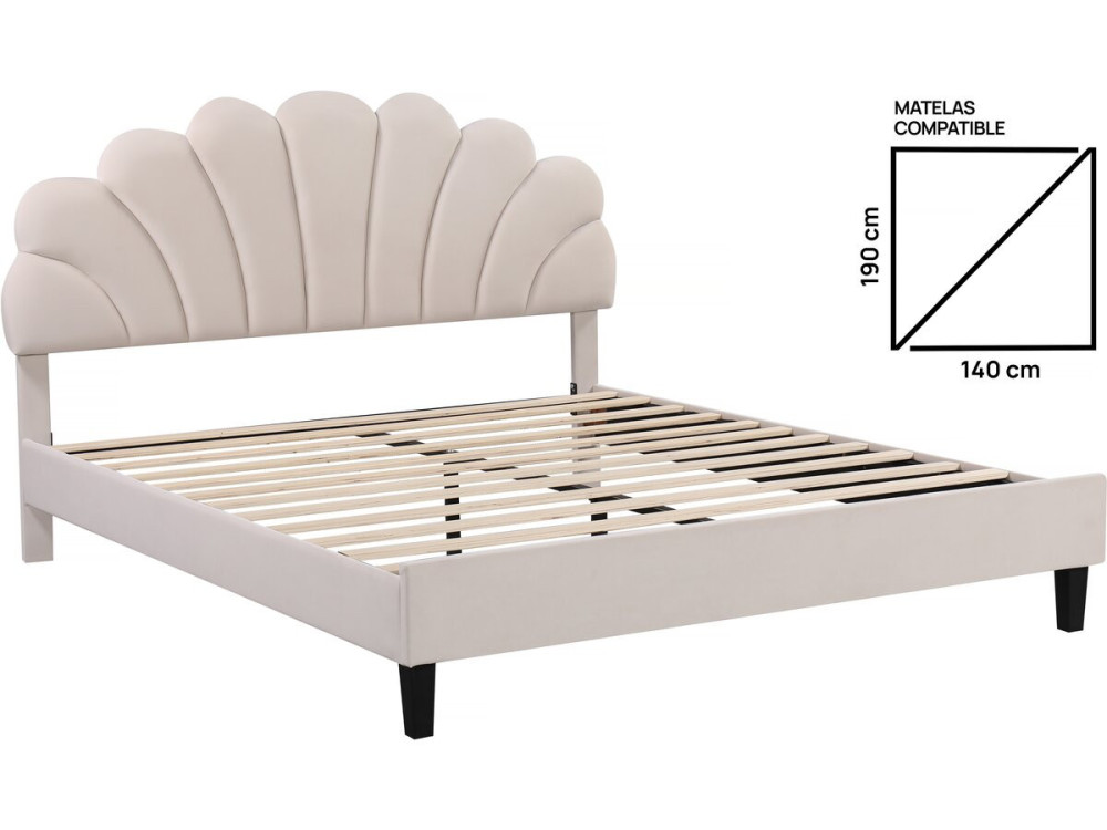 Tweepersoonsbed velours fluweel schelp design "Manon" - Beige - lichtbruin - 140 x 190 cm
