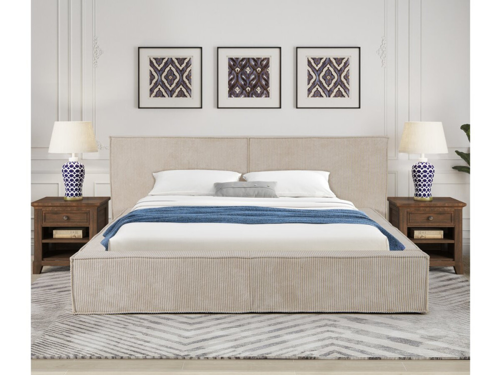 Tweepersoonsbed met opbergruimte bed met hoofdbord velours ribfluweel "Courchevel" - 180 x 200 cm - Beige - lichtbruin