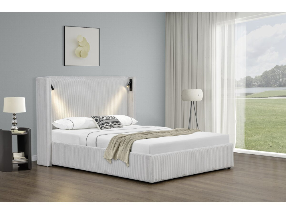 Tweepersoonsbed met opbergruimte en verlichting velours ribfluweel "Cortina" - 160 x 200 cm - Beige - lichtbruin