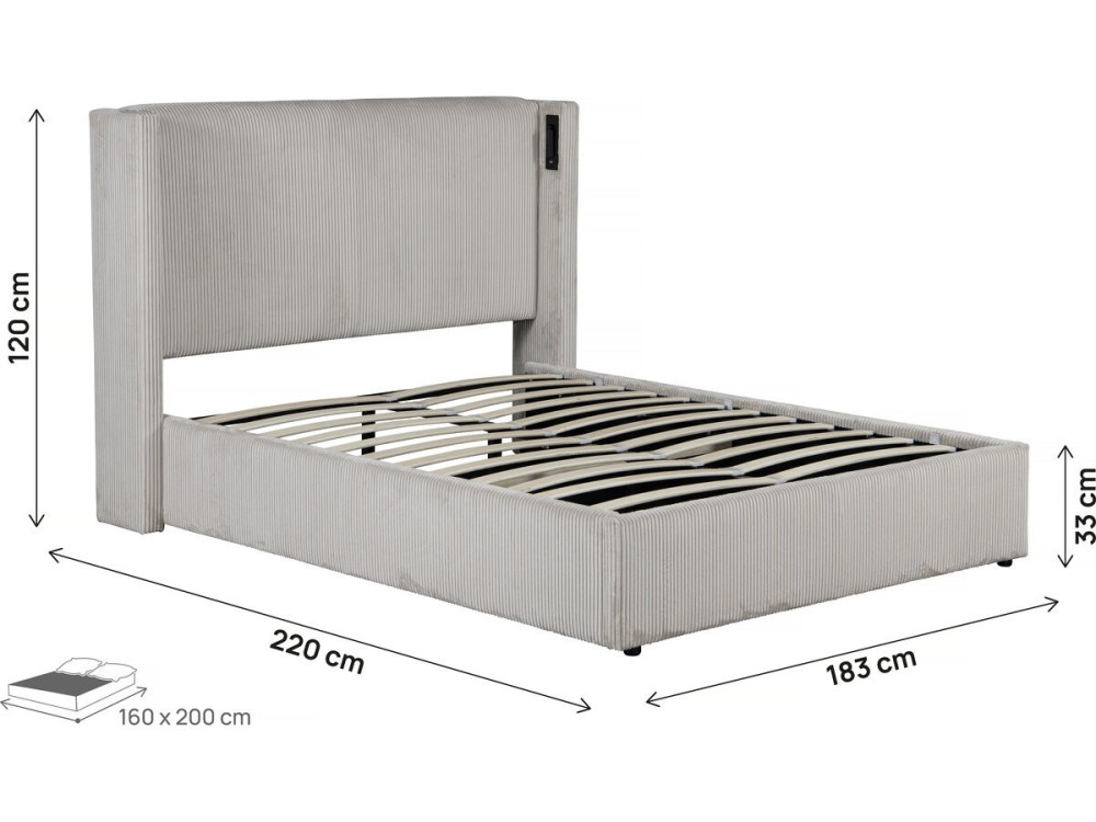 Tweepersoonsbed met opbergruimte en verlichting velours ribfluweel "Cortina" - 160 x 200 cm - Beige - lichtbruin
