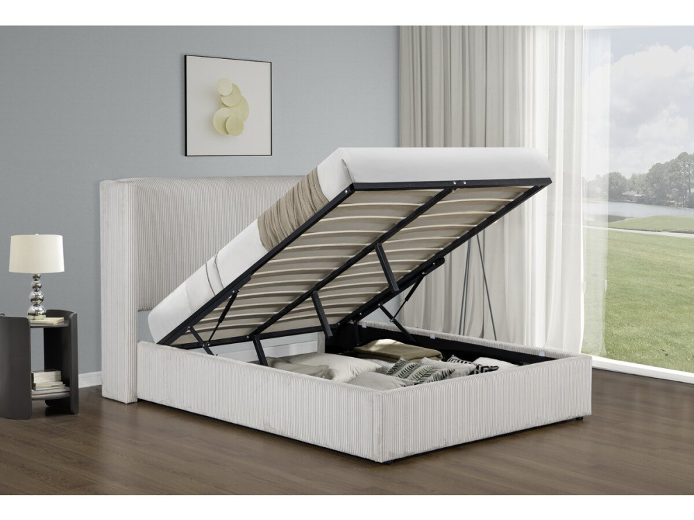 Tweepersoonsbed met opbergruimte en verlichting velours ribfluweel "Cortina" - 160 x 200 cm - Beige - lichtbruin