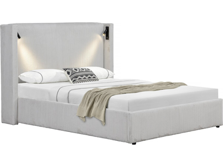 Tweepersoonsbed met opbergruimte en verlichting velours ribfluweel "Cortina" - 140 x 190 cm-  Beige - lichtbruin