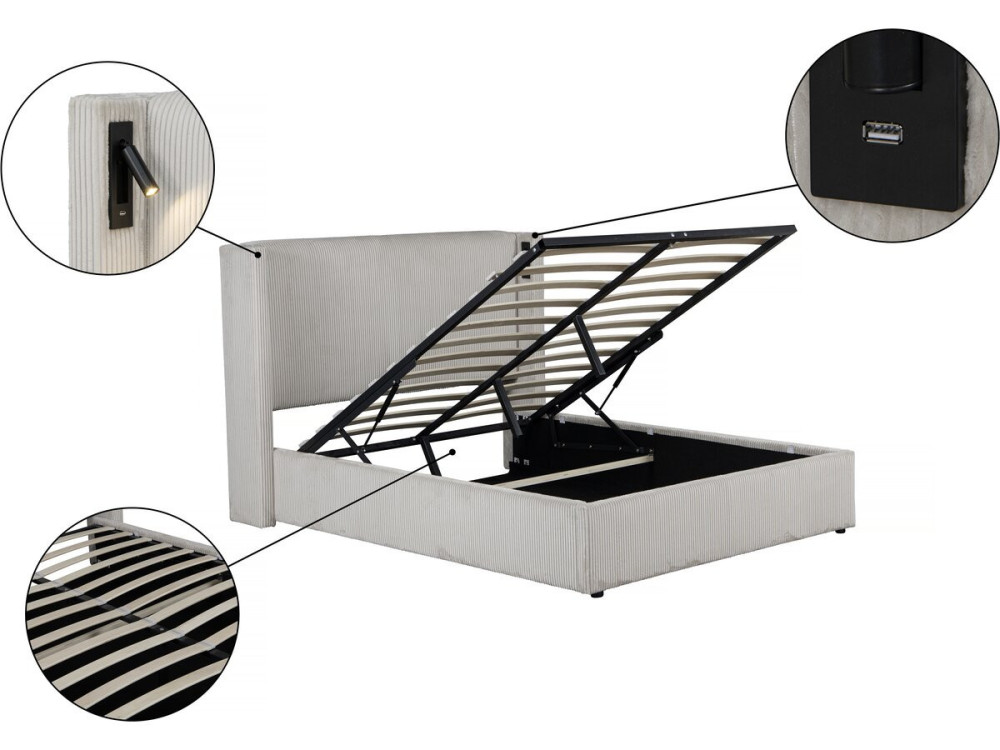 Tweepersoonsbed met opbergruimte en verlichting velours ribfluweel "Cortina" - 140 x 190 cm-  Beige - lichtbruin