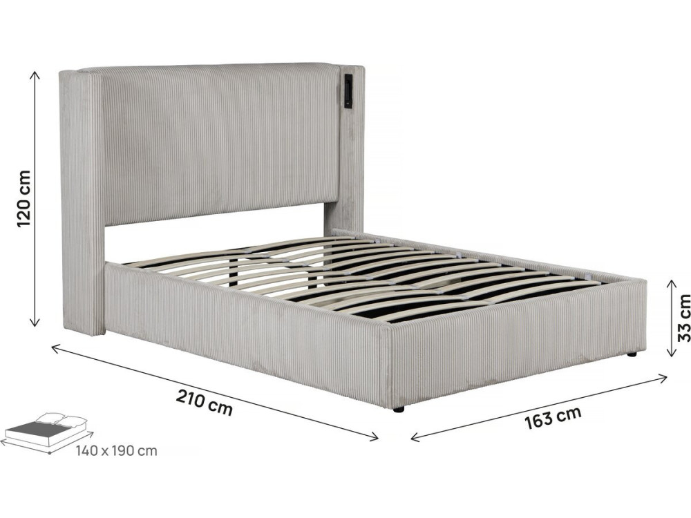 Tweepersoonsbed met opbergruimte en verlichting velours ribfluweel "Cortina" - 140 x 190 cm-  Beige - lichtbruin