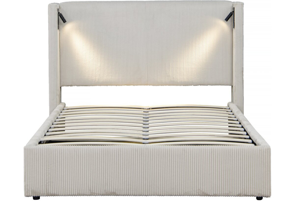 Tweepersoonsbed met opbergruimte en verlichting velours ribfluweel "Cortina" - 140 x 190 cm-  Beige - lichtbruin