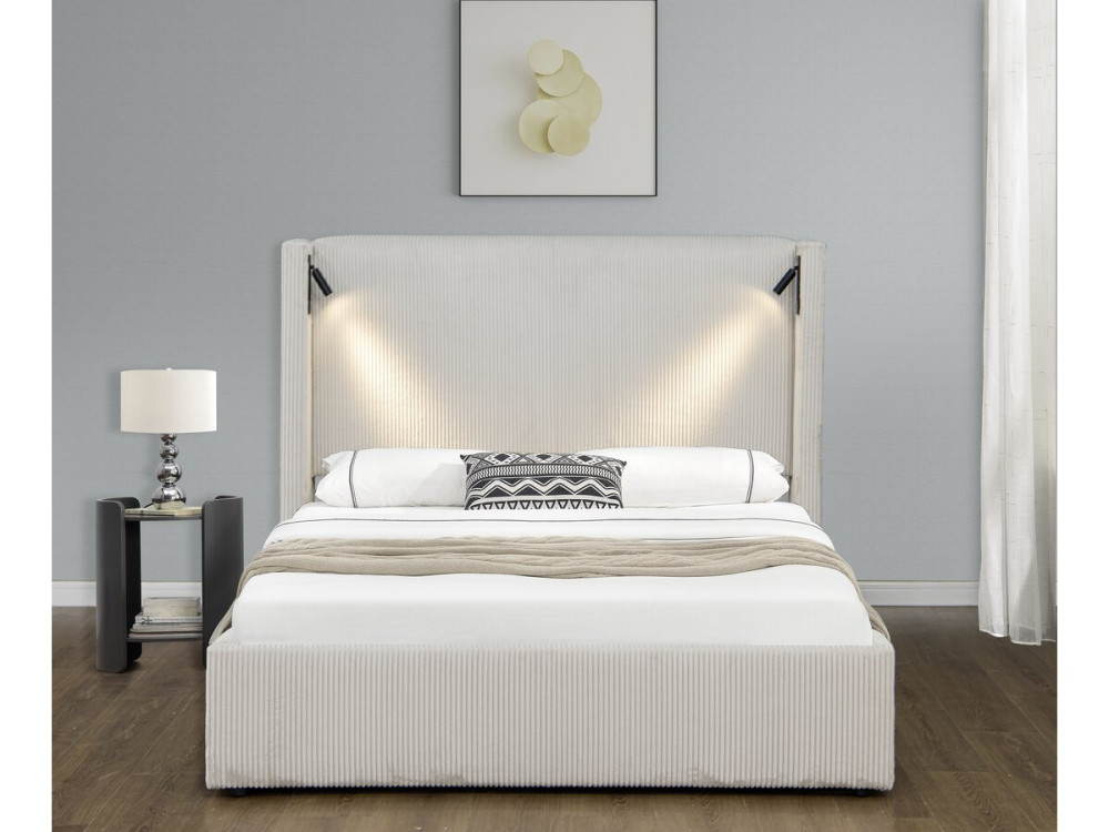 Tweepersoonsbed met opbergruimte en verlichting velours ribfluweel "Cortina" - 140 x 190 cm-  Beige - lichtbruin