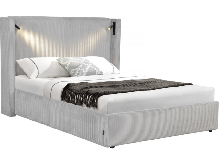 Tweepersoonsbed met opbergruimte en verlichting velours ribfluweel "Cortina" - 160 x 200 cm - Grijs