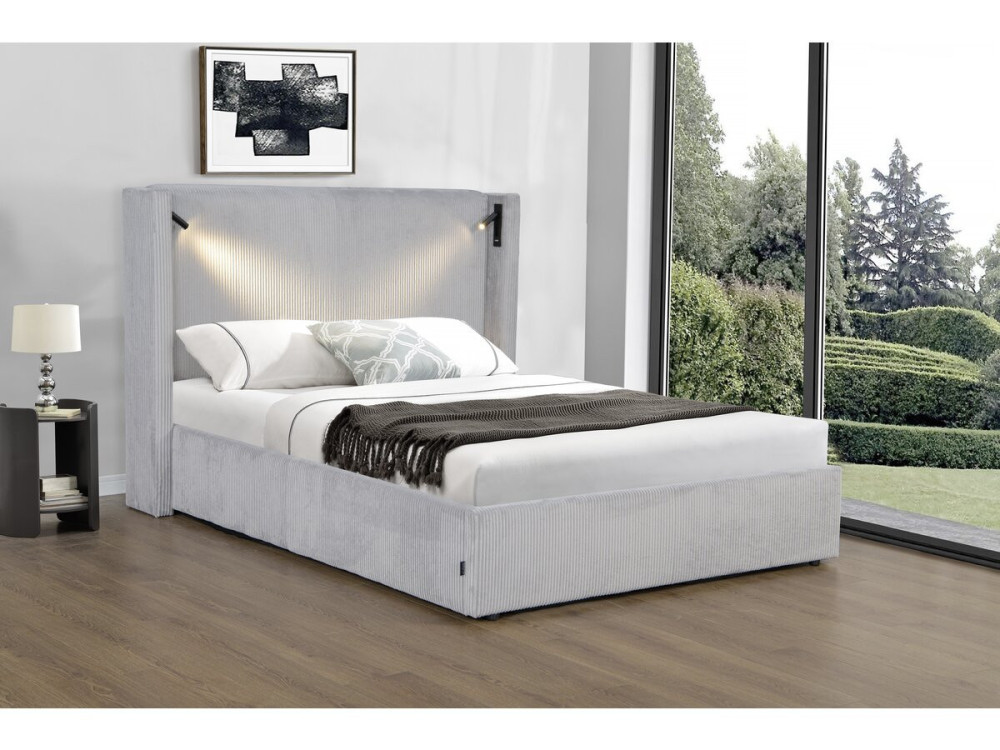 Tweepersoonsbed met opbergruimte en verlichting velours ribfluweel "Cortina" - 160 x 200 cm - Grijs